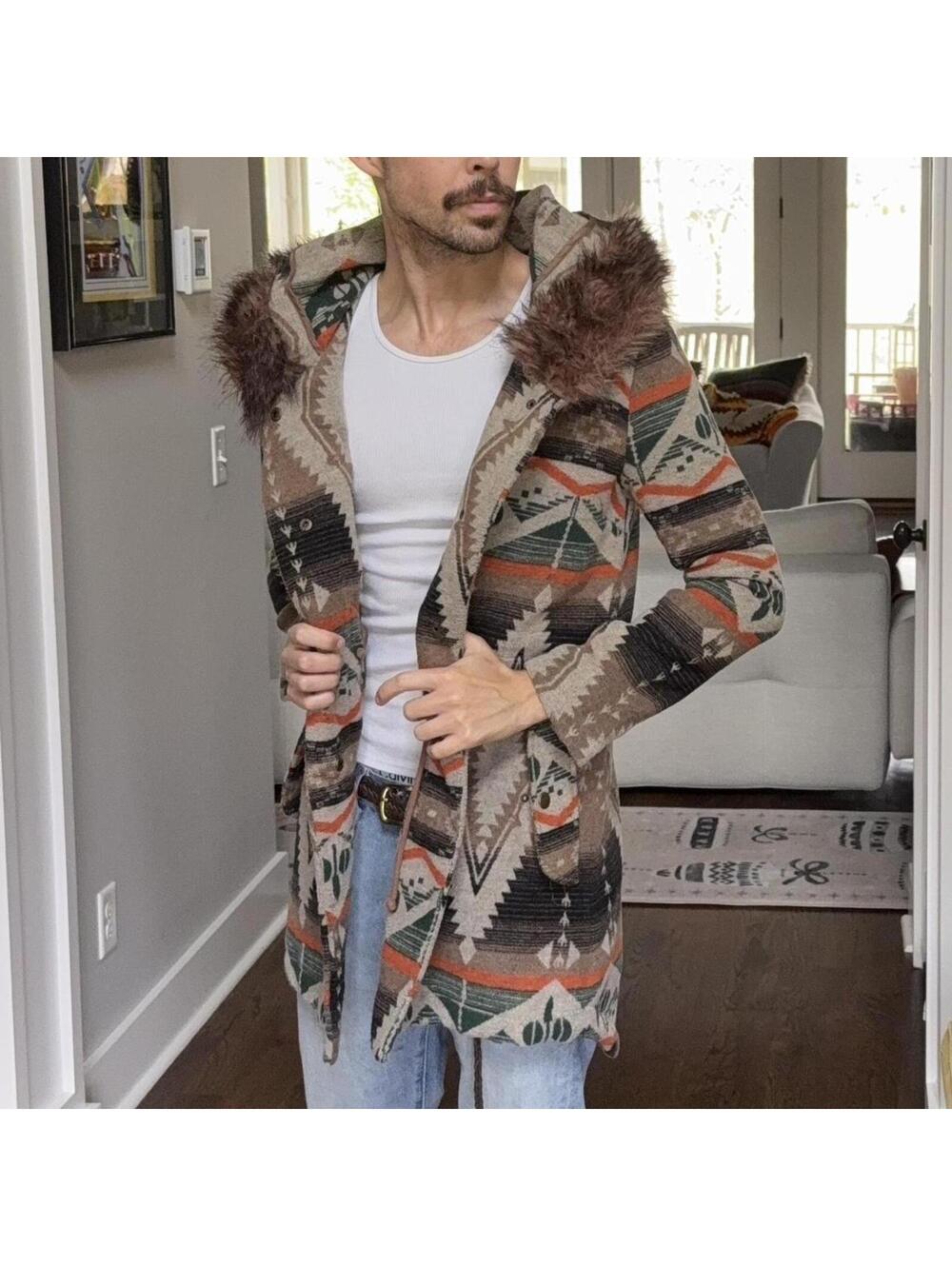 🌲 BB Dakota Aztec Jacket Fur Hood Toggle Coat Size S